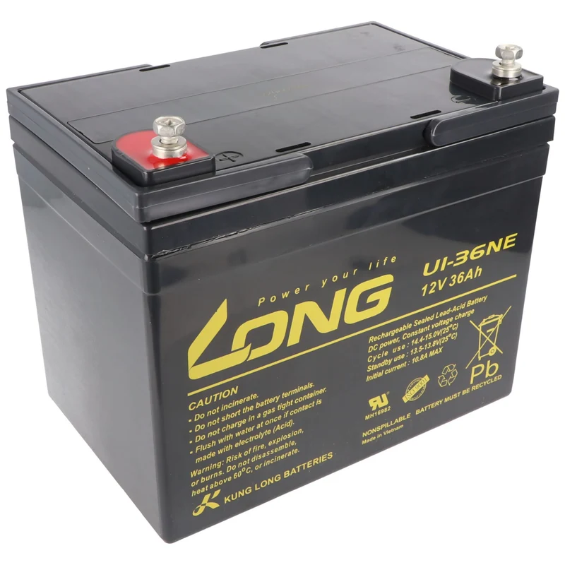 Kung Long U1-36NE F8 Zyklenfest Blei-Vlies-Akku, 12Volt, 36Ah, M6 Innengewinde