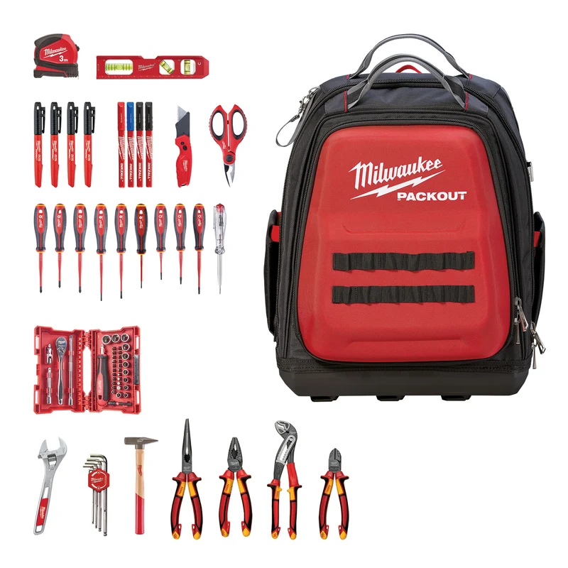 Milwaukee Packout Rucksack Elektriker Set mit Zangen, Hammer, Wasserwaage etc. 76 tlg. (4932498407)