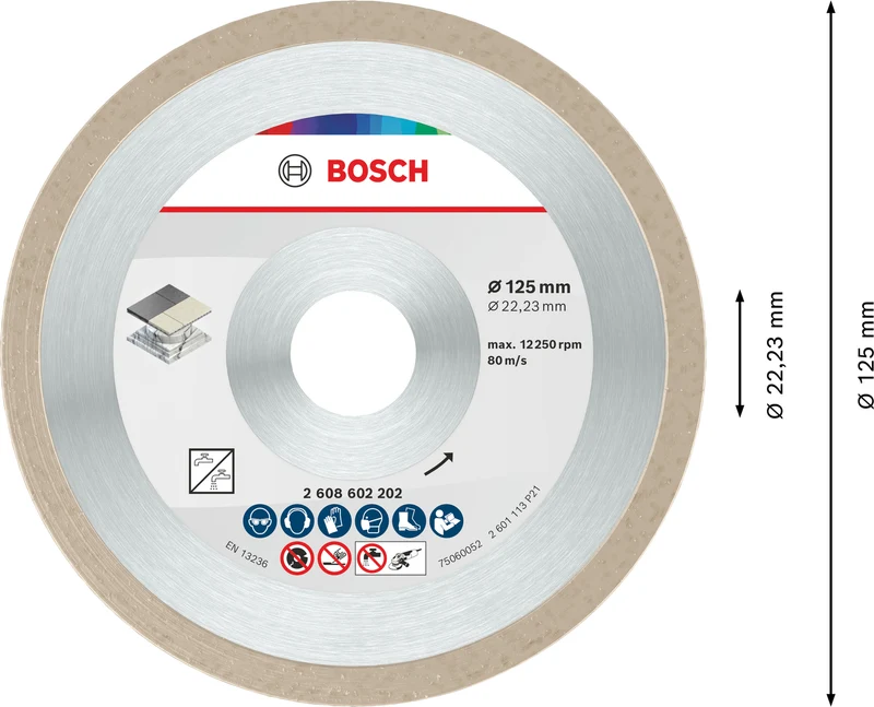 Bosch Diamanttrennscheibe Ø 125 mm für Fliesen (Ceramic, 125 x 22,23 x 1,6 x 7 mm, für harte Fliesen & Marmor)
