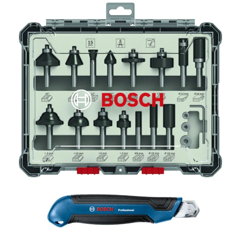 Bosch Professional Fräser-Set DIN EN-847 mit 8 mm Schaft 15 tlg. + Bosch Cuttermesser 18 mm inkl. Klinge