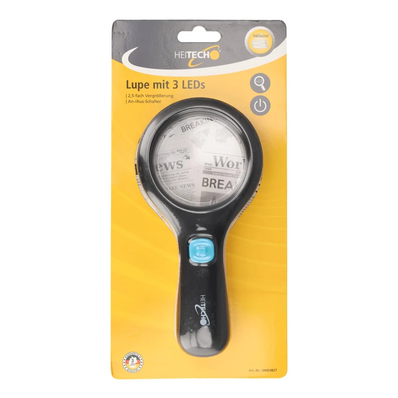 Heitech LED-Lupe mit 3 LEDs, 2,5-fach Vergrößerung, inklusive 2x Micro AAA Batterien