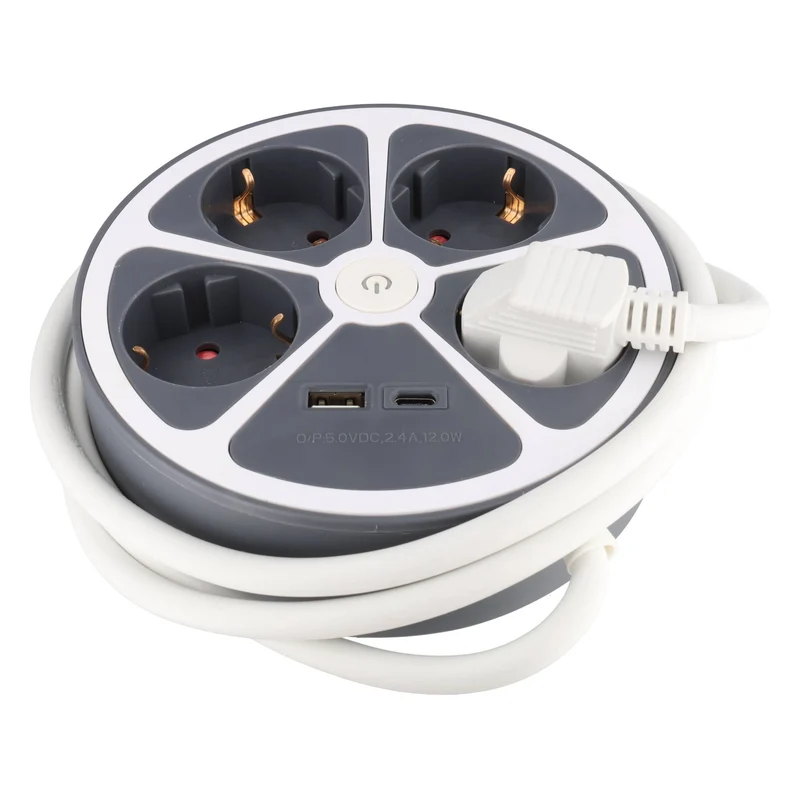 Heitech Tischsteckdose 4-fach mit USB-A und USB-C Ladeanschluss, runde Form, Kabellänge 1,4 Meter