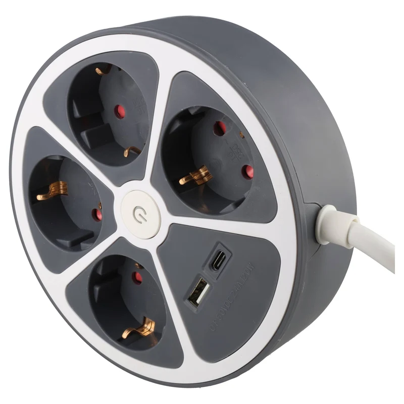 Heitech Tischsteckdose 4-fach mit USB-A und USB-C Ladeanschluss, runde Form, Kabellänge 1,4 Meter