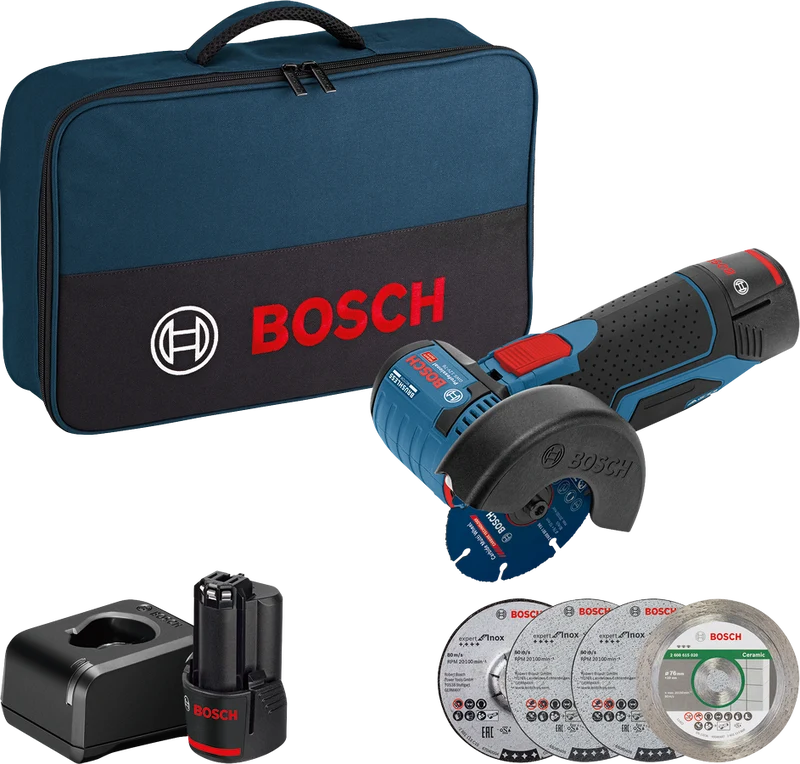 Bosch Professional GWS 12V-76 Akku-Winkelschleifer 2 x 2.0 Ah, Ladegerät und Zubehör in Tasche