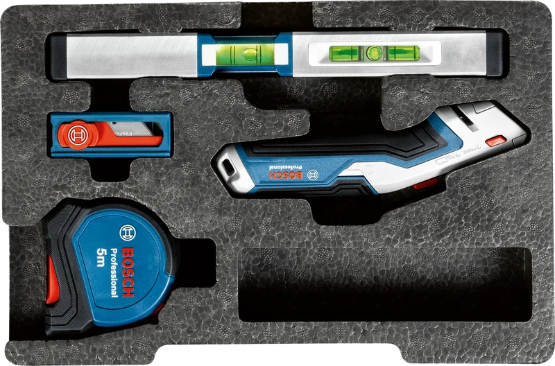 Bosch PRO Handwerkzeug-Set 13-tlg. (25 cm Wasserwaage, 5 m Bandmaß, Universalmesser, 10 Trapezklingen)