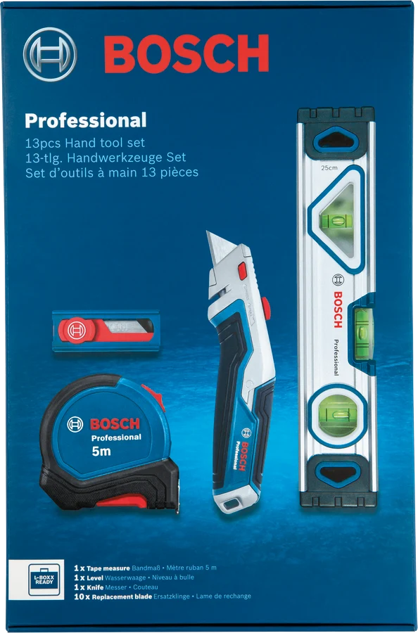 Bosch PRO Handwerkzeug-Set 13-tlg. (25 cm Wasserwaage, 5 m Bandmaß, Universalmesser, 10 Trapezklingen)