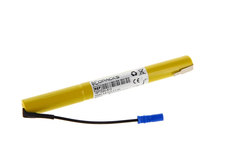 AccuCell 3,6 Volt Akku für Not- und Sicherheitsbeleuchtung 2200mAh, 150x15mm, Bauform AA, +Pol 2,8mm Faston Kontakt, -Pol 100mm Kabel mit 2,8mm Buchse