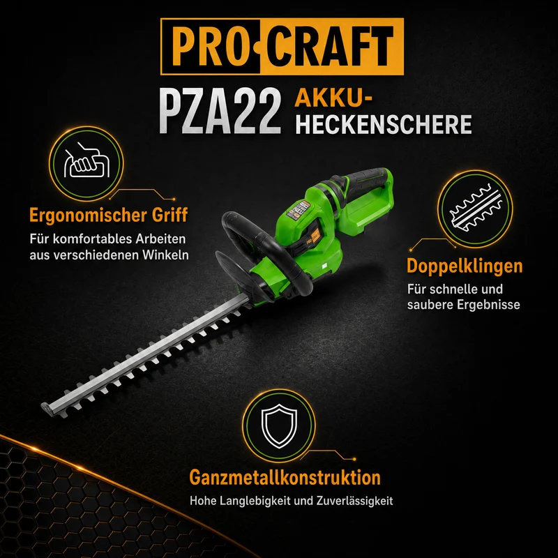 Procraft PZA22 Akku Heckenschere 20 V 510 mm Solo - ohne Akku, ohne Ladegerät