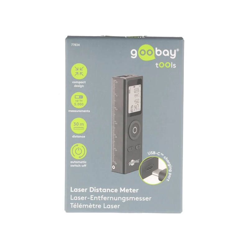 Goobay Tools Laser-Entfernungsmesser 30 m – Kompaktes Messgerät für Längen-, Flächen- und Volumenmessung