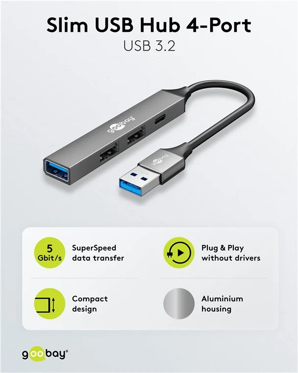 Goobay Slim 4-Port USB-Hub, USB-A auf USB-C™/USB-A, USB 3.2 - USB-A-Stecker (USB 3.2) > 1x USB-A-Buchse (USB 3.2), 1x USB-C™-Buchse (USB 2.0), 2x USB-A-Buchse (USB 2.0)