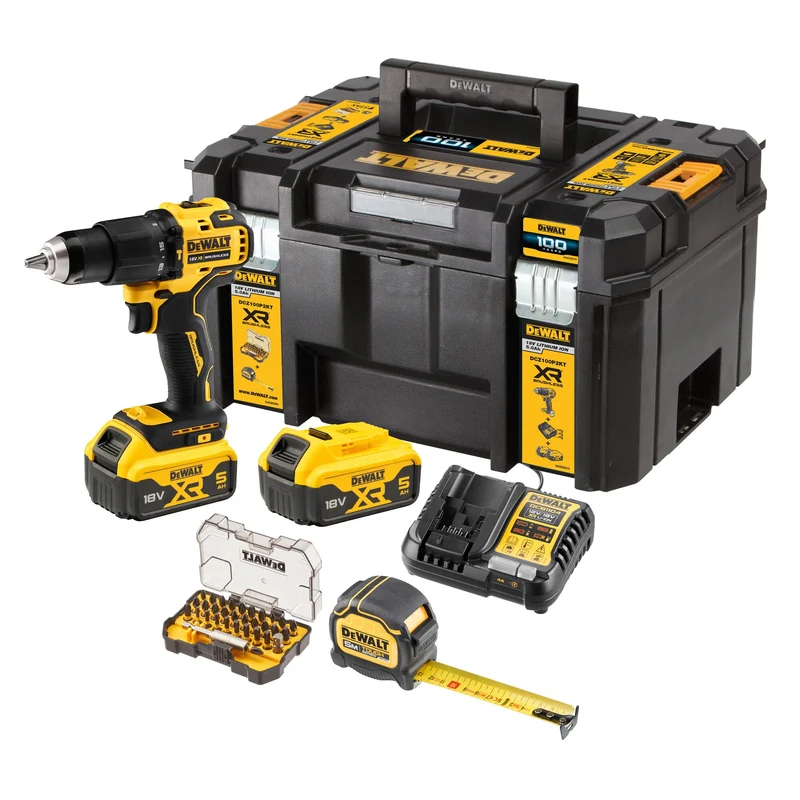DeWalt DCZ 100 P2KT Akku Schlagbohrschrauber Set DCD709 18 V 65 Nm + 2x Akku 5,0 Ah + Ladegerät + Maßband + Bit Set + TSTAK