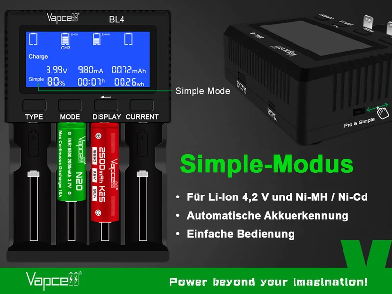 Vapcell BL4 Universal-Ladegerät mit 4 Schächten für Li-Ion, LiFePO4, NiMH und 1,5V Li-Ion Akkus