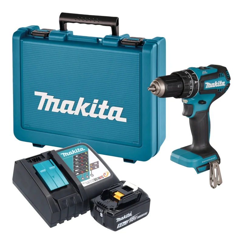 Makita DHP 485 RT1E Akku Schlagbohrschrauber 18 V 50 Nm Brushless + 1x Akku 5,0 Ah + Ladegerät + Koffer