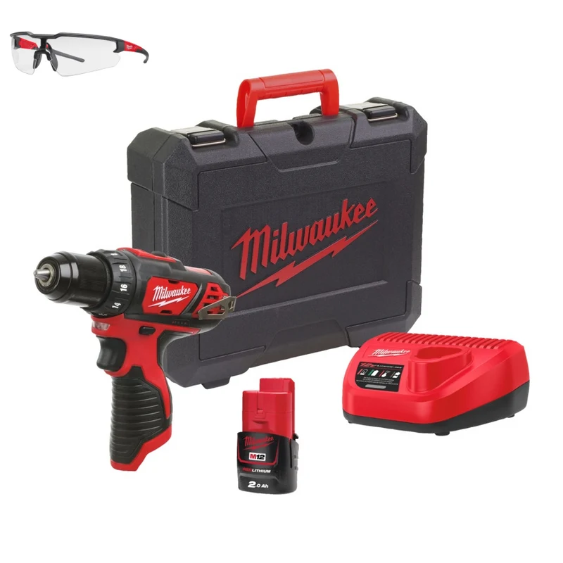 Milwaukee M12 BDD-201C Akku-Bohrschrauber + klare Schutzbrille