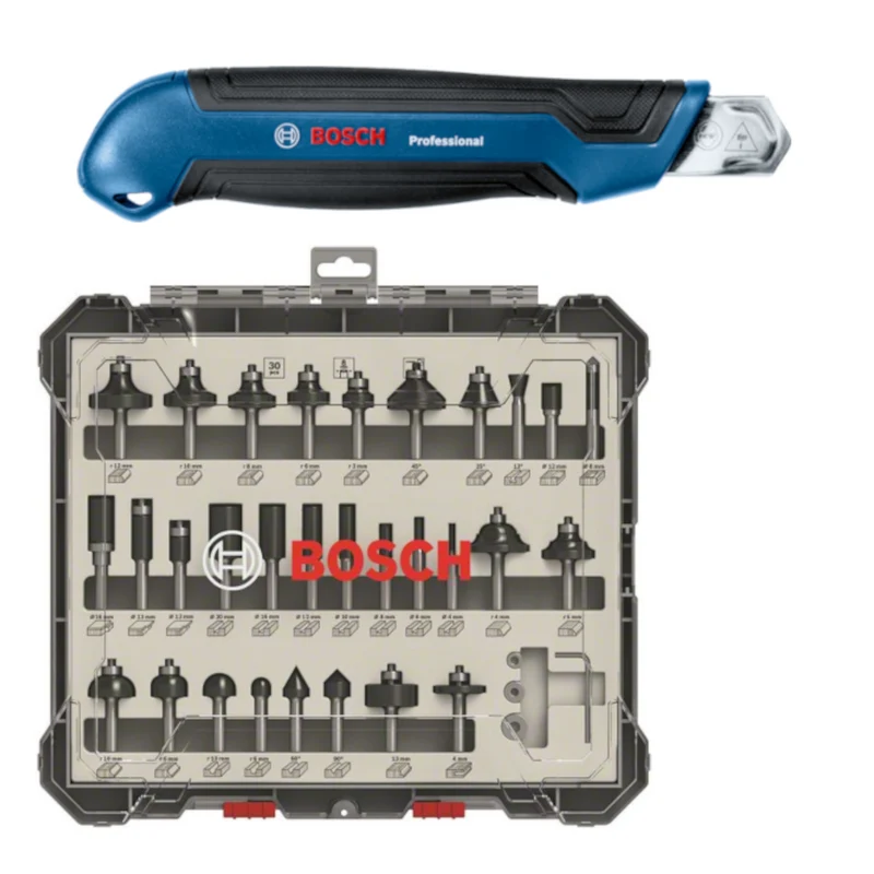 Bosch Fräser-Set DIN EN-847 mit 8 mm Schaft 30 tlg. + Bosch Cuttermesser 18 mm inkl. Klinge