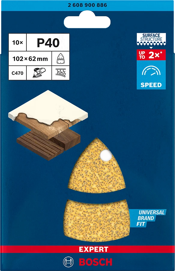 Bosch EXPERT C470 Schleifpapier mit 11 Löchern, 102 x 62 mm, 93 mm, K 40, 10er-Pack