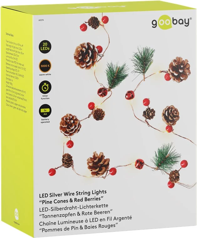 Goobay 20er LED-Silberdraht-Lichterkette "Tannenzapfen & rote Beeren" - mit Timer-Funktion, warmweiß (3000 K), batteriebetrieben