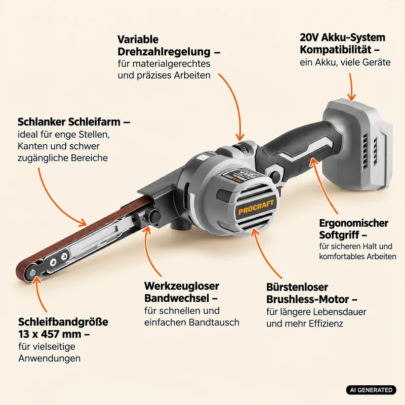 ProCraft Industrial PFA20A-BB Akku Bandfeile 20 V 13 x 457 mm Brushless + 1x Akku 2,0 Ah + Ladegerät
