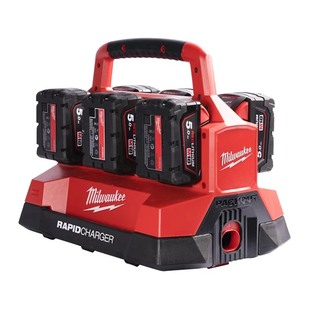 Milwaukee M18 PC6 PACKOUT Akku-Sechsfach-Schnellladegerät Simultan (6 A Ladestrom mit Tragegriff)