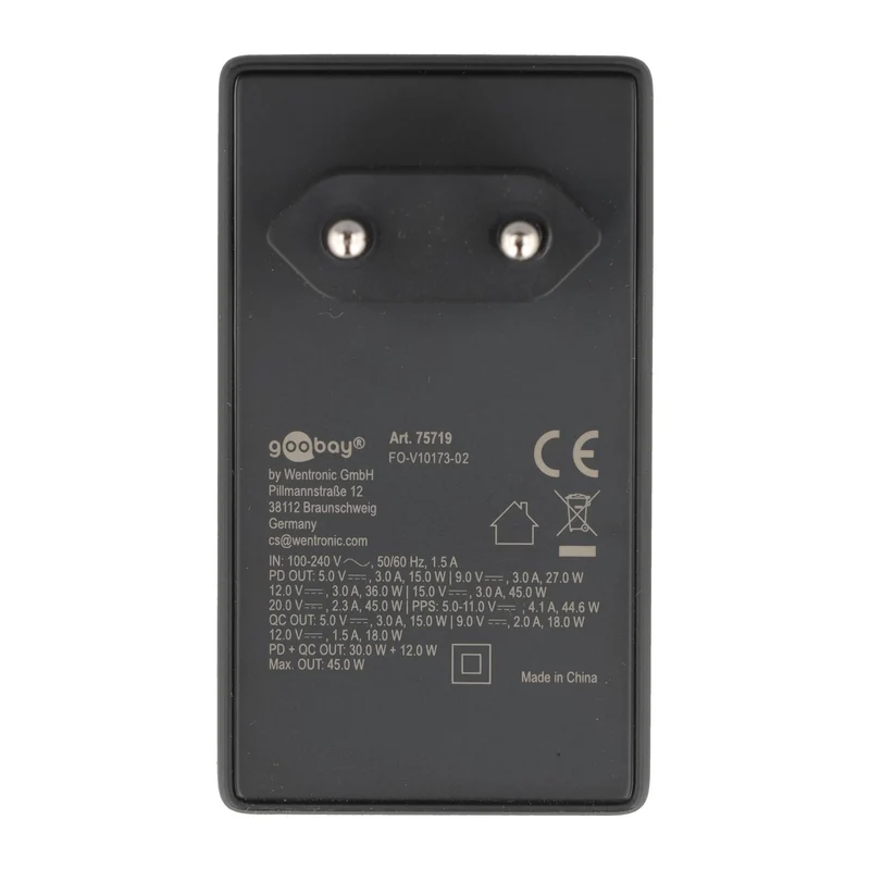 Goobay USB-C PD GaN Dual-Schnellladegerät, 90° Flat, 1x USB-C und 1x USB-A Anschluss, flaches Design