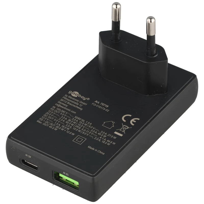Goobay USB-C PD GaN Dual-Schnellladegerät, 90° Flat, 1x USB-C und 1x USB-A Anschluss, flaches Design