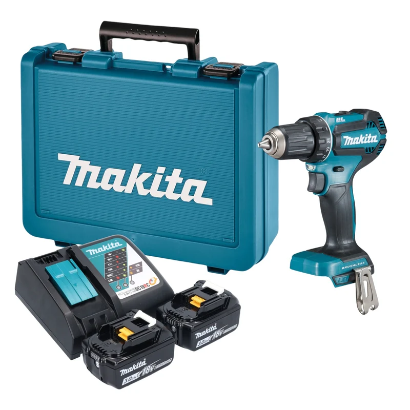 Makita DDF 485 RFE Akku Bohrschrauber 18 V 50 Nm Brushless + 2x Akku 3,0 Ah + Ladegerät + Koffer