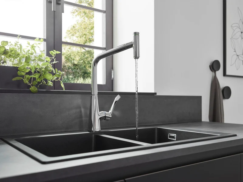 HANSGROHE Metris Select M71 Spültischmischer 320 mit Ausziehauslauf und Select-Knopf