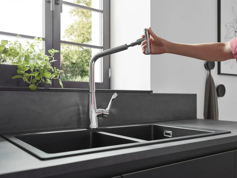 HANSGROHE Metris Select M71 Spültischmischer 320 mit Ausziehauslauf und Select-Knopf