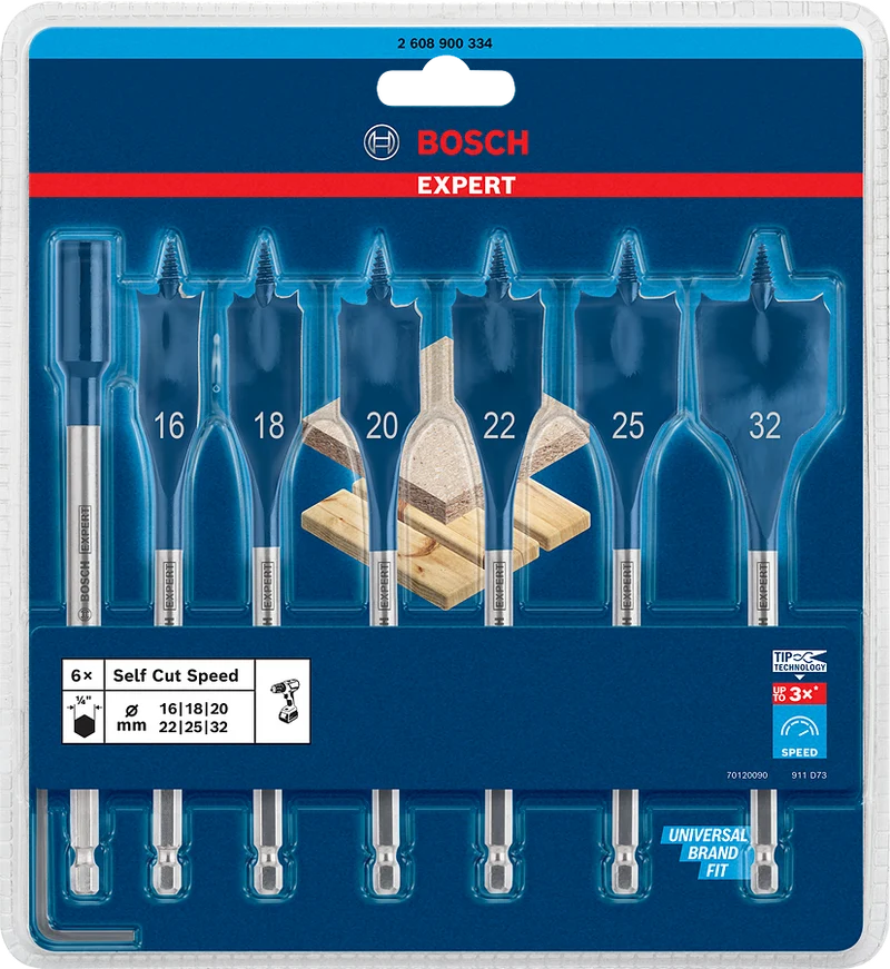 Bosch EXPERT SelfCut Speed Flachfräsbohrer-Set 7 tlg. (16/18/20/22/25/32 mm, für Spanplatte & Weichholz, Tip Technology)