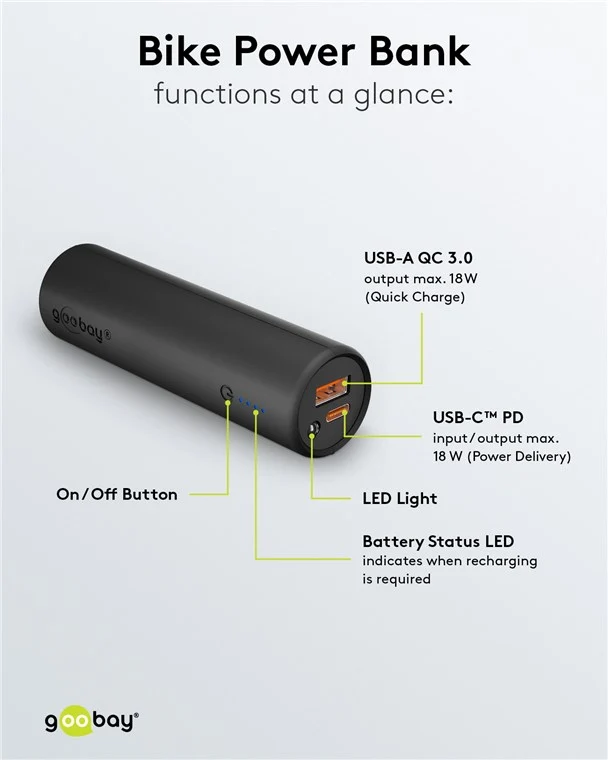 Goobay Bike-Powerbank mit 5000mAh, mobile Powerbank ideal zur Montage am Rahmen, mit USB-A und USB-C-Anschluss