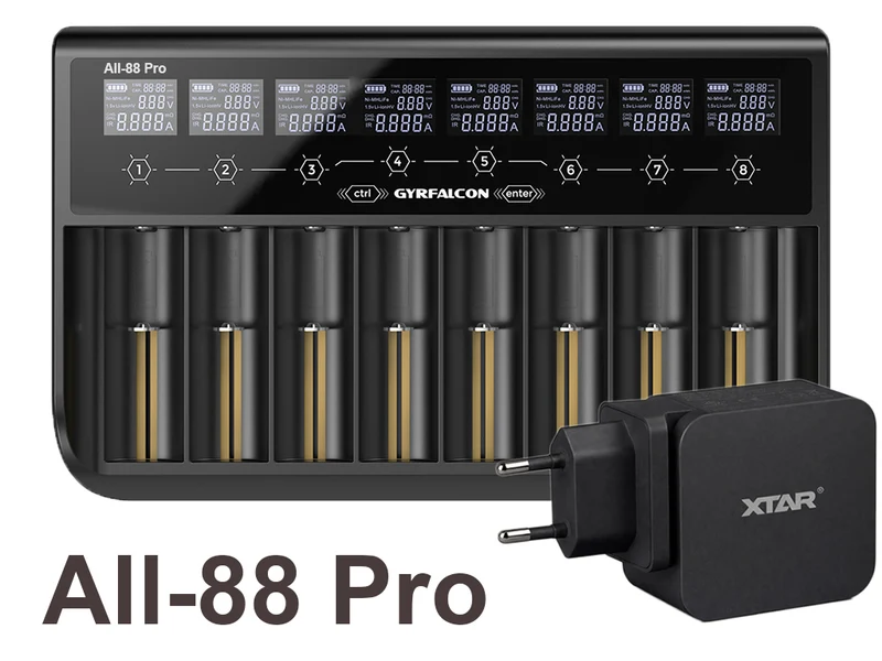 Enova Gyrfalcon All-88 Pro - 8fach Akkuladegerät für Li-Ion 1,5V; 3,6 - 3,7V LiFePO4 3,2V & NiMH