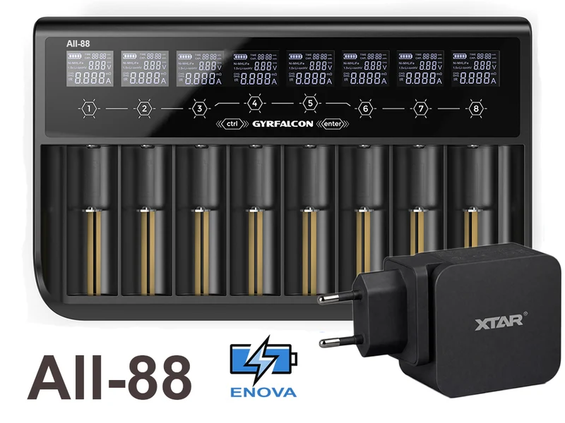 Enova Gyrfalcon All-88 - 8fach Akkuladegerät für Li-Ion 1,5V; 3,6 - 3,7V LiFePO4 3,2V & NiMH