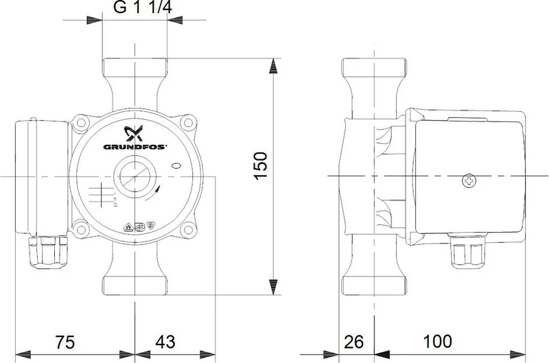 GRUNDFOS Zirkulationspumpe UP 20-07 N 150 mm – 1x230 V, G1 1/4, Edelstahl, PN 10