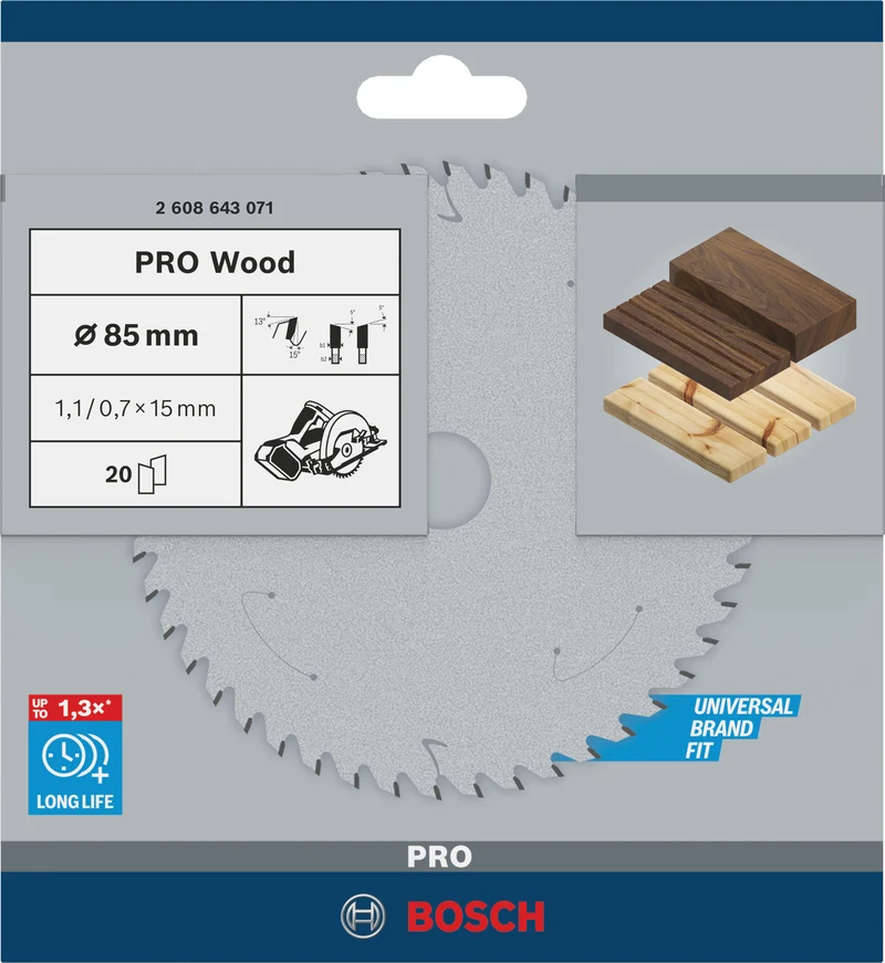 Bosch PRO Wood Kreissägeblatt Ø 85 mm für Holz (Carbide-Zähne, für Handkreissäge, 85 x 1.1 x 15 mm)