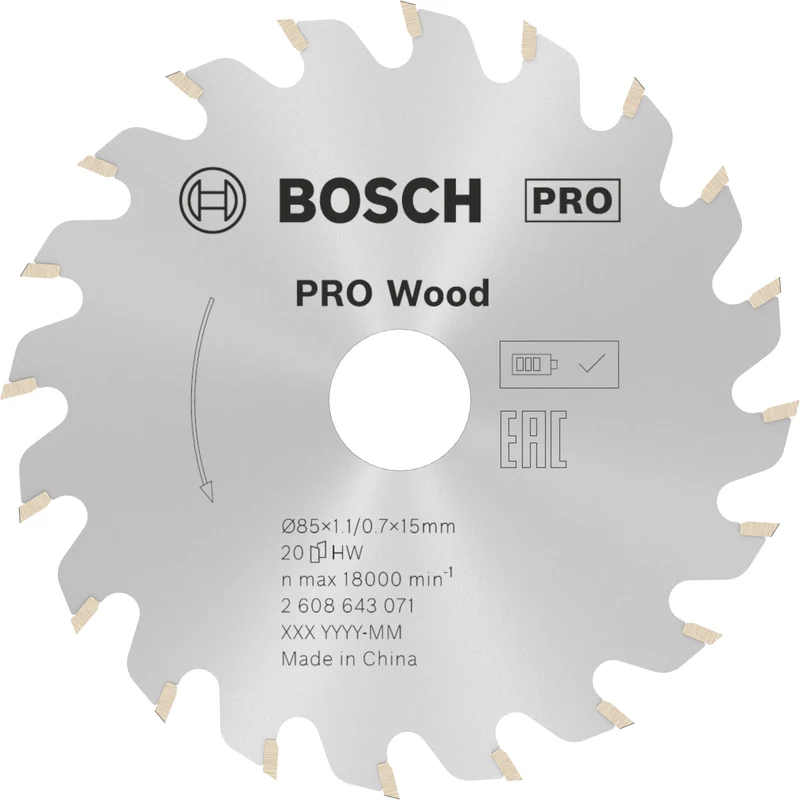Bosch PRO Wood Kreissägeblatt Ø 85 mm für Holz (Carbide-Zähne, für Handkreissäge, 85 x 1.1 x 15 mm)