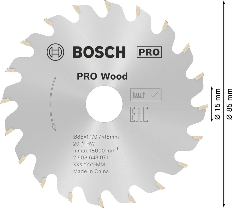 Bosch PRO Wood Kreissägeblatt Ø 85 mm für Holz (Carbide-Zähne, für Handkreissäge, 85 x 1.1 x 15 mm)
