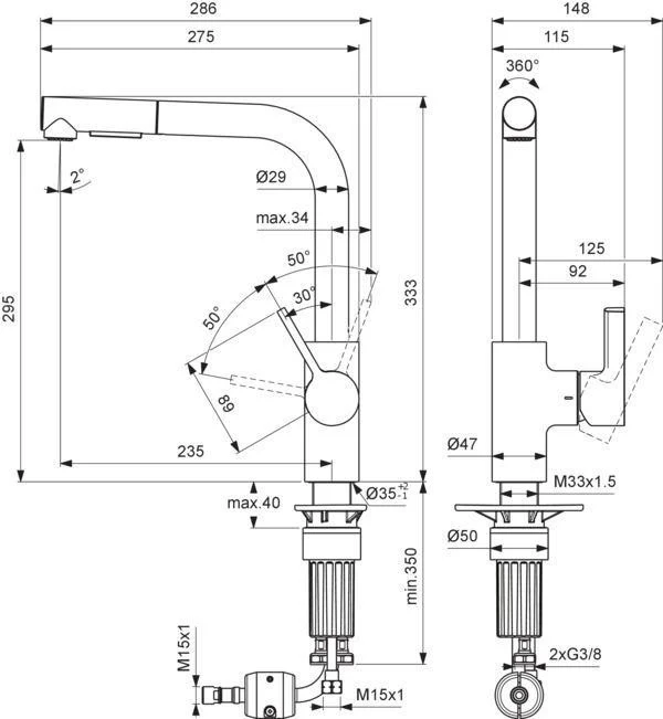 IDEAL STANDARD Gusto Küchenarmatur 235 mm L-Auslauf mit 2-Funktionsbrause Sunset Rose