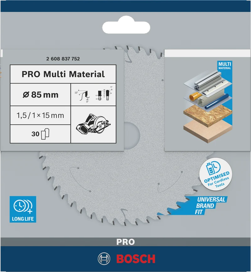 Bosch PRO Kreissägeblatt Multi Material cordless 85 x 1.5/1.0 x 15 mm (30 Zähne, Schnitte in verschiedene Materialien)