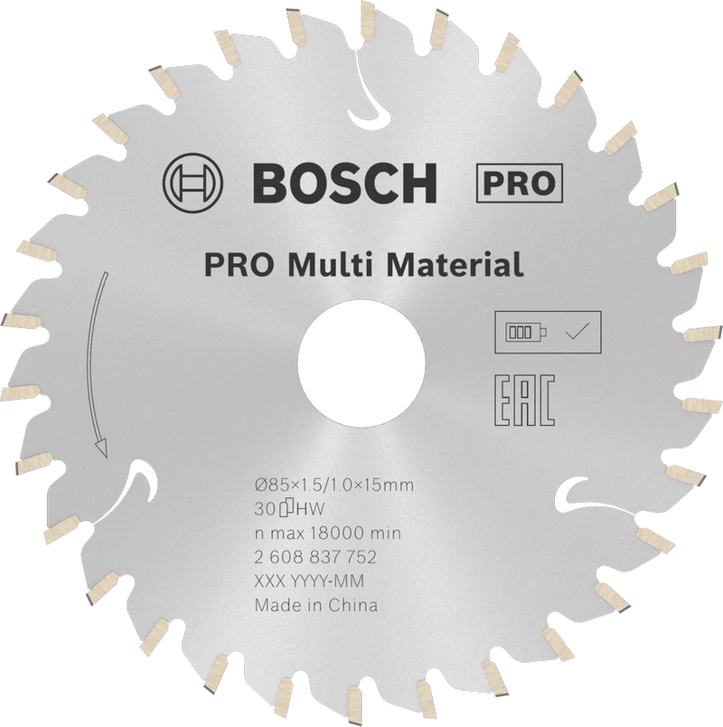 Bosch PRO Kreissägeblatt Multi Material cordless 85 x 1.5/1.0 x 15 mm (30 Zähne, Schnitte in verschiedene Materialien)