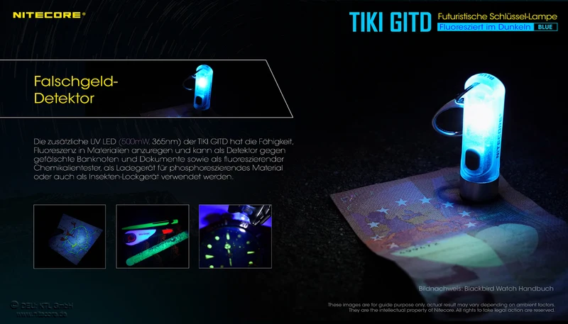 Nitecore TIKI GITD, Glow in the dark, mit UV LED, Schlüsselbundleuchte, wiederaufladbare Schlüsselanhängerlampe, blau