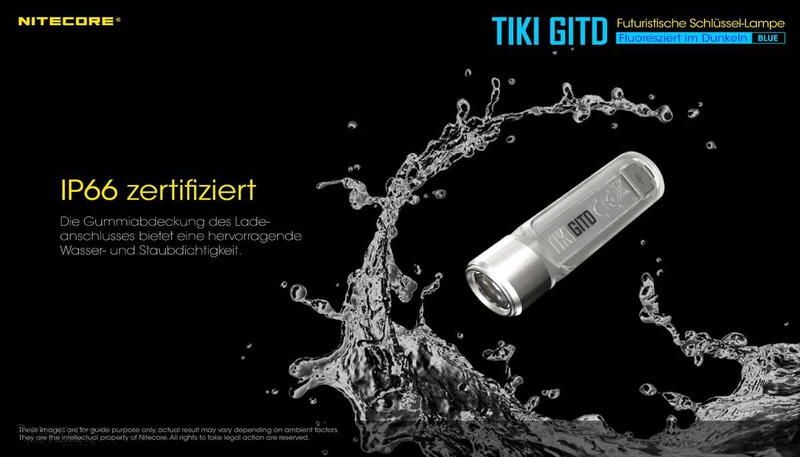 Nitecore TIKI GITD, Glow in the dark, mit UV LED, Schlüsselbundleuchte, wiederaufladbare Schlüsselanhängerlampe, blau