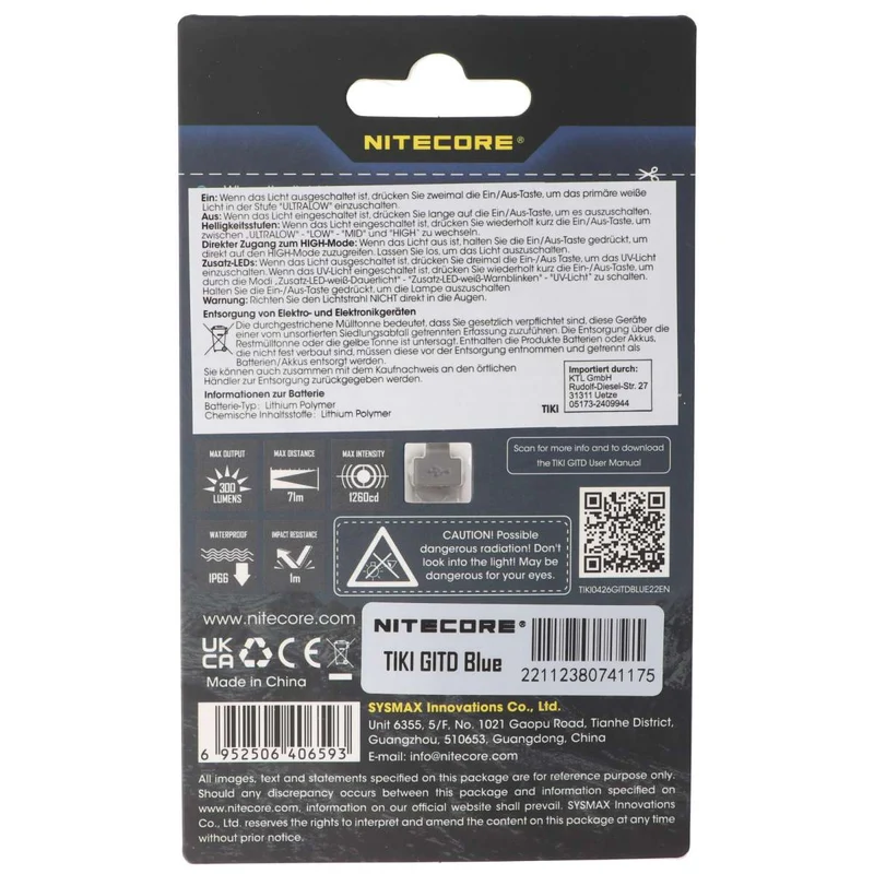 Nitecore TIKI GITD, Glow in the dark, mit UV LED, Schlüsselbundleuchte, wiederaufladbare Schlüsselanhängerlampe, blau