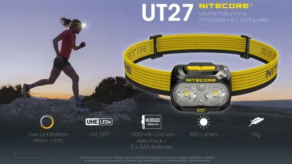 Nitecore UT27 2024 LED-Stirnlampe, Dual Power, max. 800 Lumen, ultraleicht, gelbes Stirnband