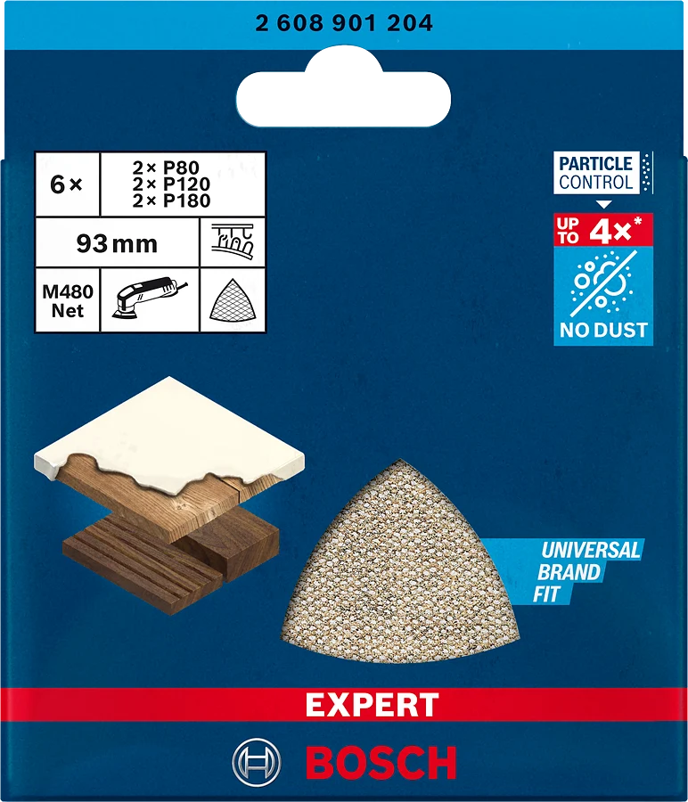 Bosch EXPERT M480 Schleifnetz-Set 93 x 93 mm (6er-Pack: 2x G80, 2x G120, 2x G180, für Deltaschleifer, für Holz, Farbe, Trockenbauwände)