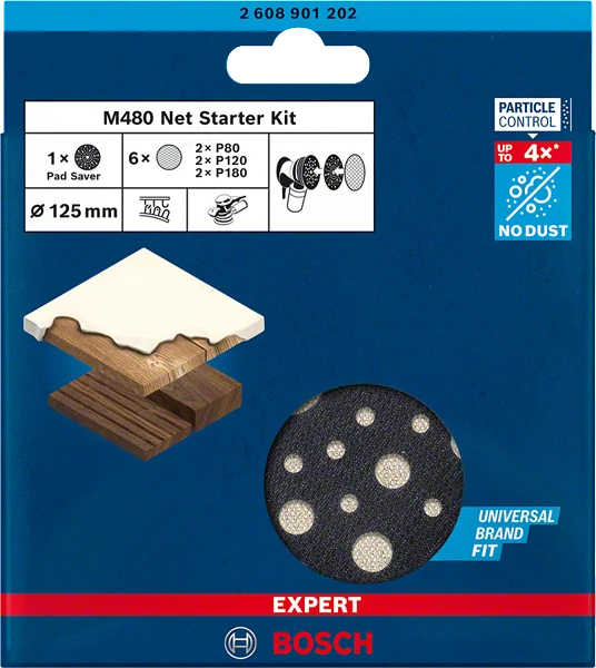 Bosch EXPERT M480 Schleifnetz Starter Set Ø 125 mm (7-tlg: 2x G80, 2x G120, 2x G180, 1x Schleiftellerschoner, für Exzenterschleifer, für Holz, Farbe, Trockenbauwände)