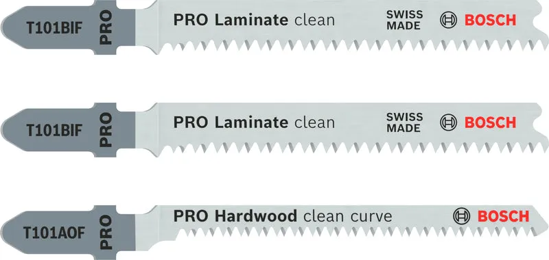 Bosch PRO Laminate Stichsägeblatt Set (2 x T101BIF + 1 x T101AOF, T-Schaft, für Laminat, Parkett, Holz)