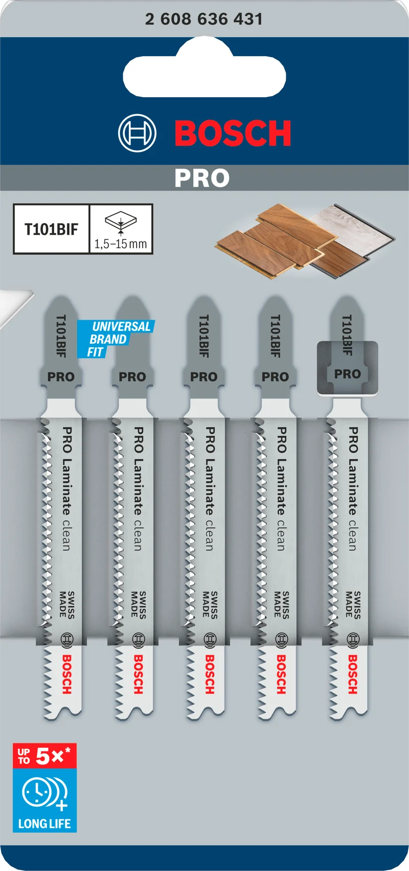 Bosch PRO Laminate clean T101BIF Stichsägeblatt (5er-Pack, Länge: 83 mm, für Laminat, Parkett, PVC)
