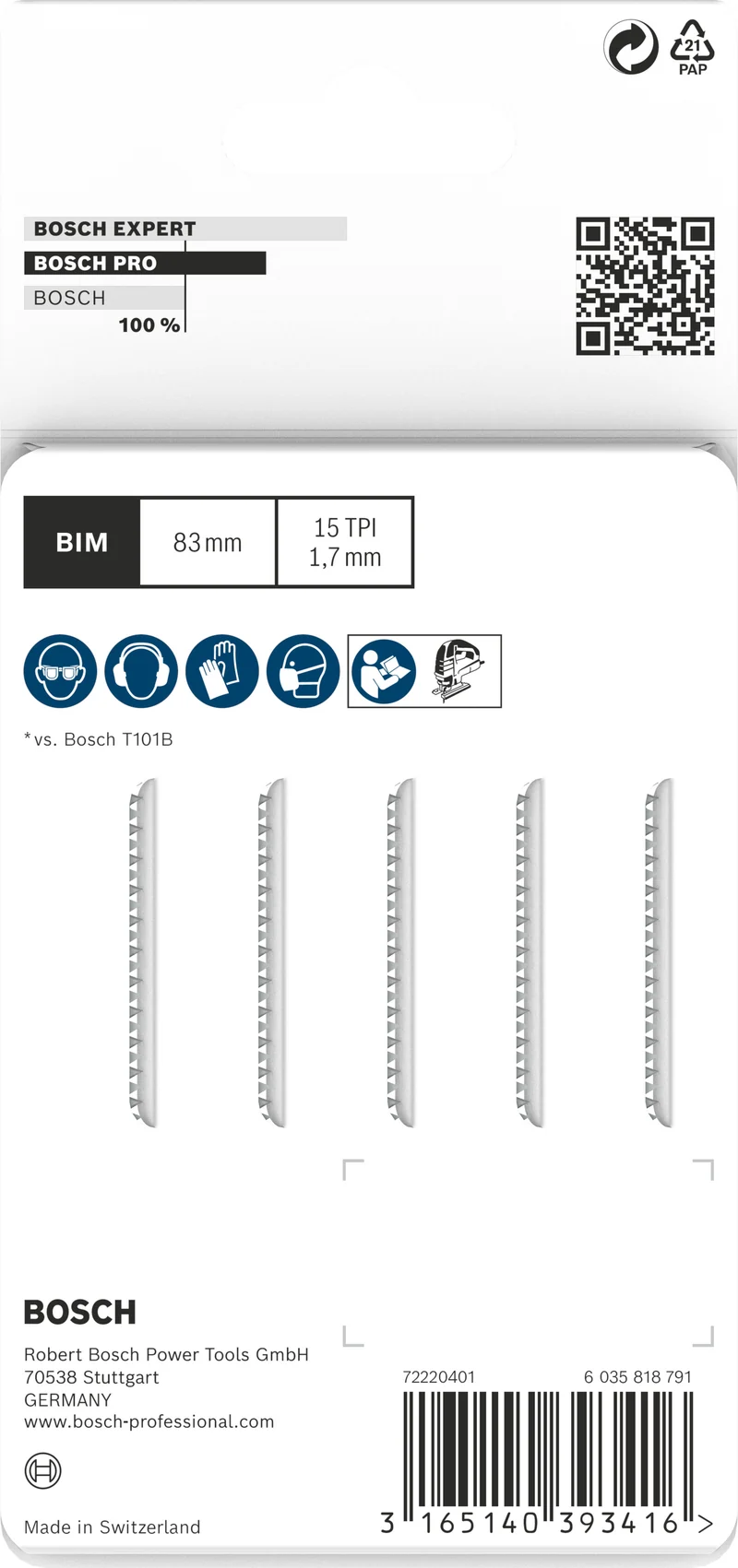 Bosch PRO Laminate clean T101BIF Stichsägeblatt (5er-Pack, Länge: 83 mm, für Laminat, Parkett, PVC)