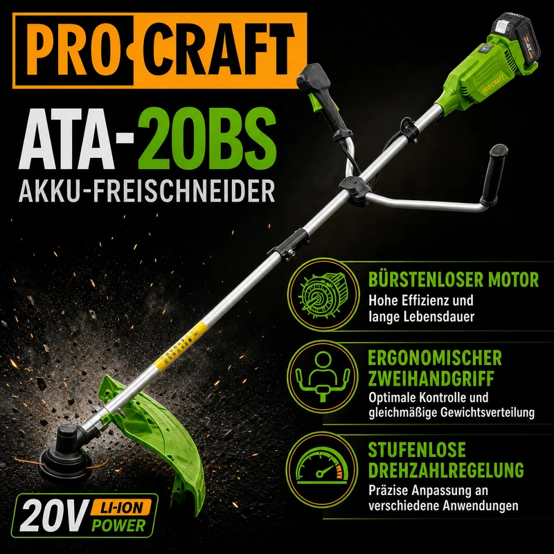 Procraft ATA-20BS Akku Freischneider 20 V 420 mm Brushless + 1x Akku 4,0 Ah + Ladegerät