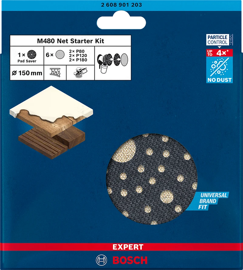 Bosch EXPERT M480 Schleifnetz Starter Set Ø 150 mm (7-tlg: 2x G80, 2x G120, 2x G180, 1x Schleiftellerschoner, für Exzenterschleifer, für Holz, Farbe, Trockenbauwände)